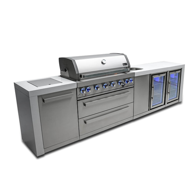 Mont Alpi 805 Deluxe Island with Beverage Center and Fridge Cabinet / 6-Burner Grill, 2 Infrared Burners, Sink, 2 Fridges, Stainless Steel / MAi805-DBEVFC