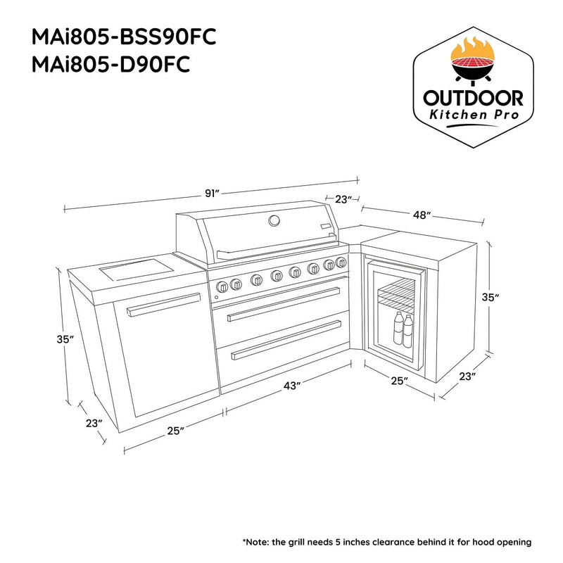 Mont Alpi 805 Deluxe Island with Fridge Cabinet and 90 Degree Corner / 6-Burner Grill, 2 Infrared Burners, Fridge, Stainless Steel / MAi805-D90FC