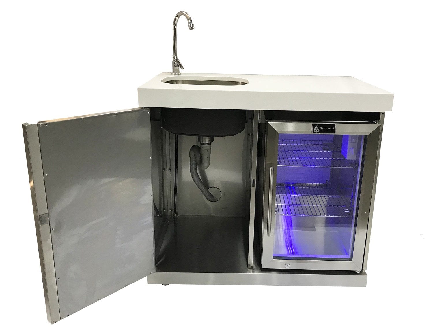 Mont Alpi Beverage Center / Sink, Fridge, Stainless Steel, White Composite Granite Counter / MASF-SS