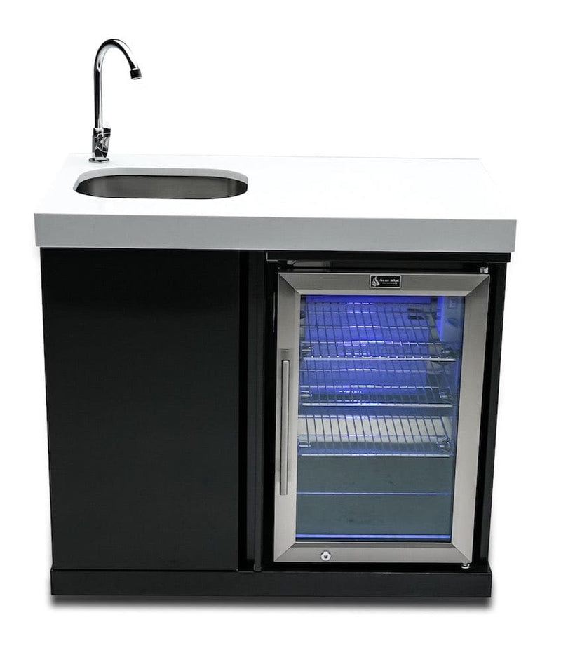 Mont Alpi Black Stainless Steel Beverage Center / Sink, Fridge, White Composite Granite Counter / MASF-BSS