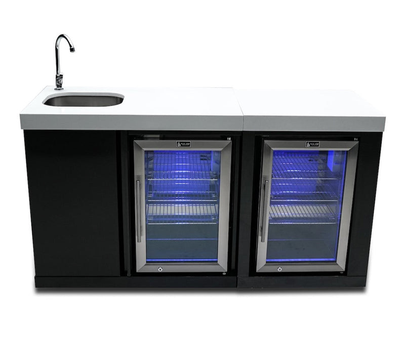 Mont Alpi Black Stainless Steel Beverage Center with Fridge Cabinet  / Sink, 2 Fridges, White Composite Granite Counter / MA-BEVBSSFC