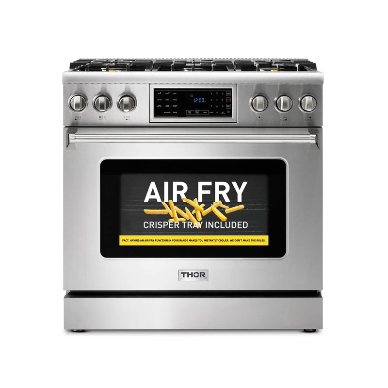 Thor Kitchen 36" Gas Range with 6.0 Cu. Ft. Self-Cleaning Oven, Air Fryer, Tilt Panel in Stainless Steel TRG3601LP