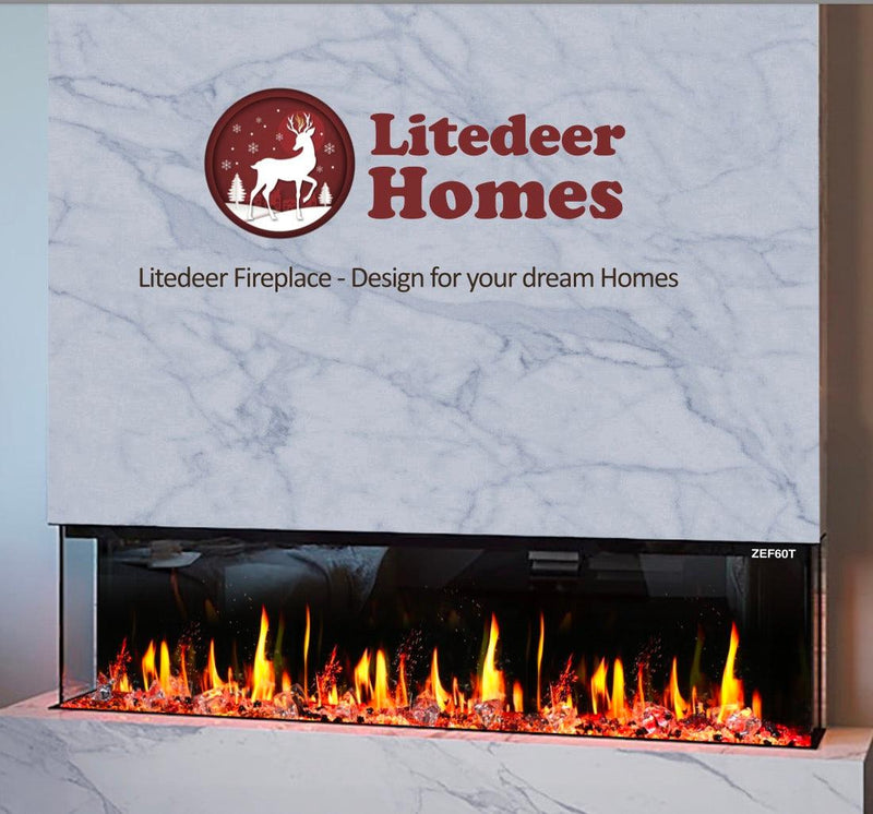 Litedeer Warmcastle 72" 3-Side Smart HD LED Electric fireplace wifi Fireplace app with Acrylic Crushed Ice Rocks ZEF72T