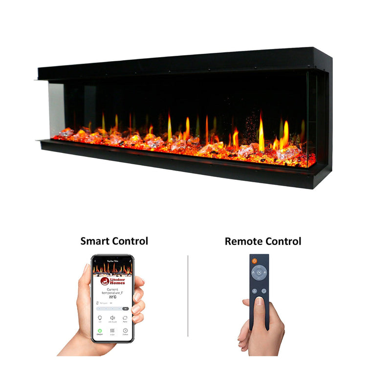 Litedeer Warmcastle 72" 3-Side Smart HD LED Electric fireplace wifi Fireplace app with Acrylic Crushed Ice Rocks ZEF72T